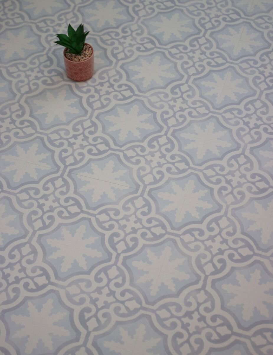 Blue printed tile effect laminate flooring